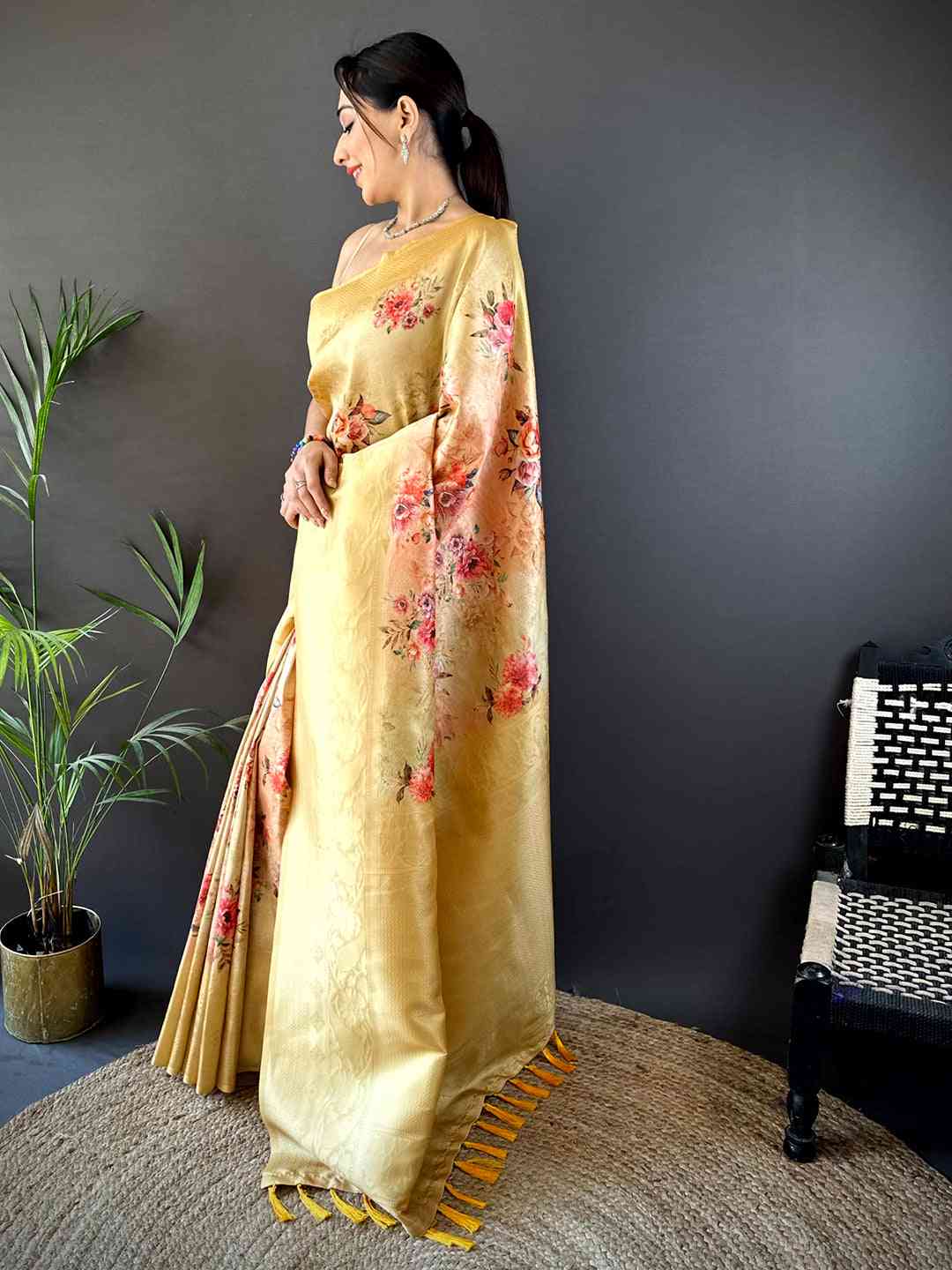 Golden Yellow Kanjivaram Digital Silk Saree
