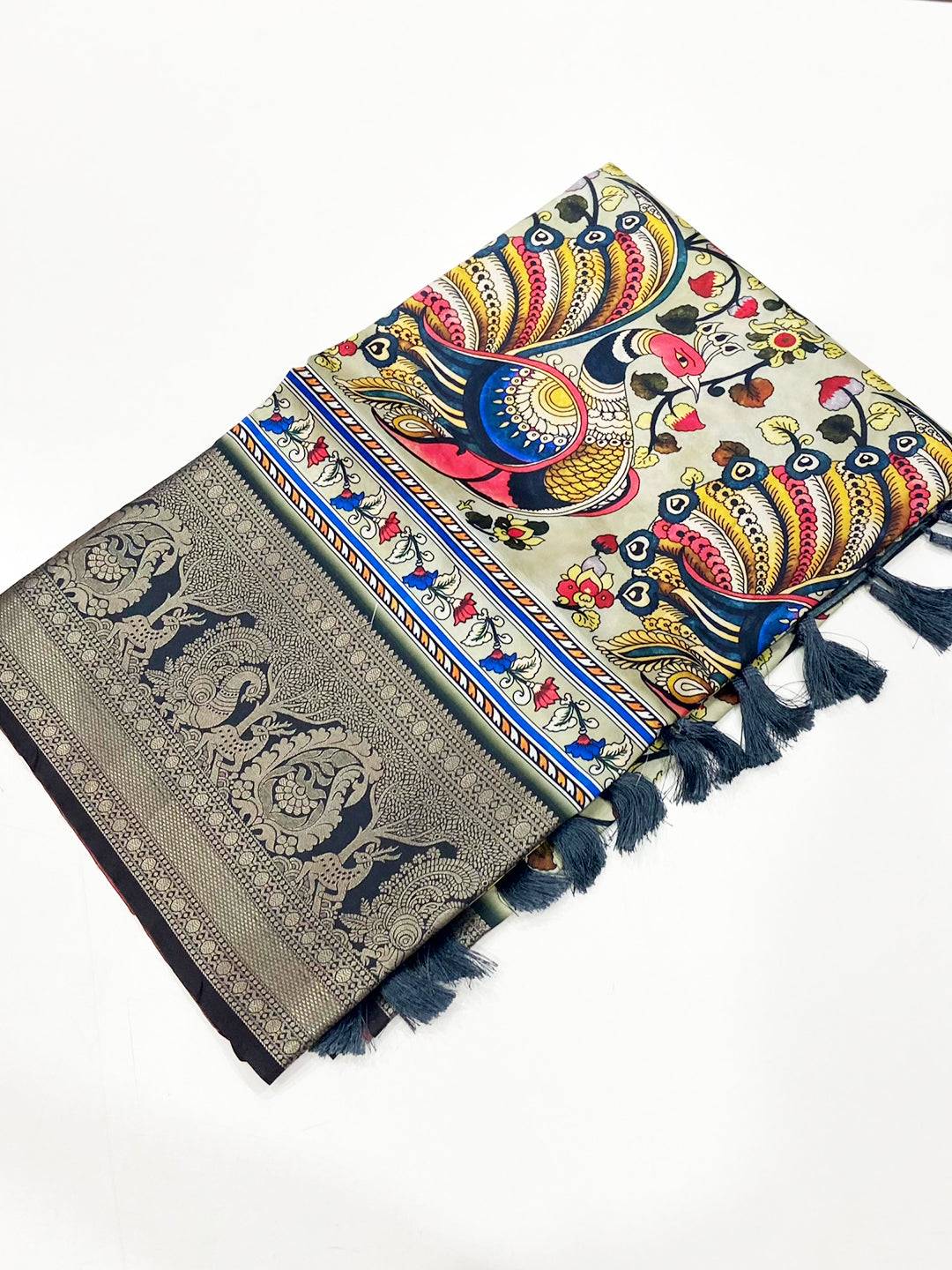 Grey Kalamkari Digital Print Pattu Saree