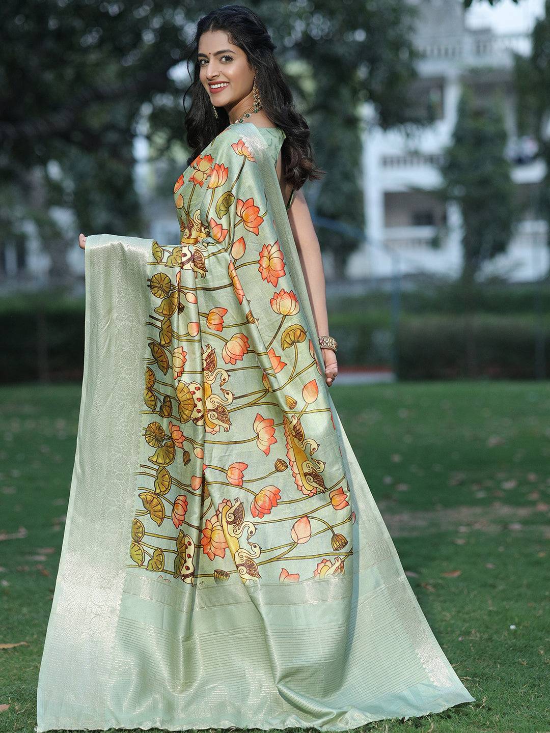 Pista Viscose Dola Silk Saree With Pichwai & Mughal Print