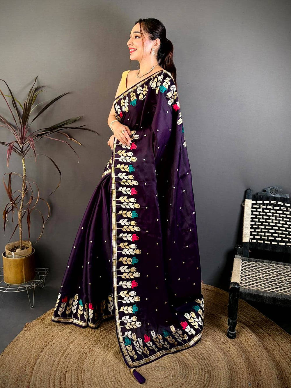 Purple Soft Satin Minakari Aari Work Saree