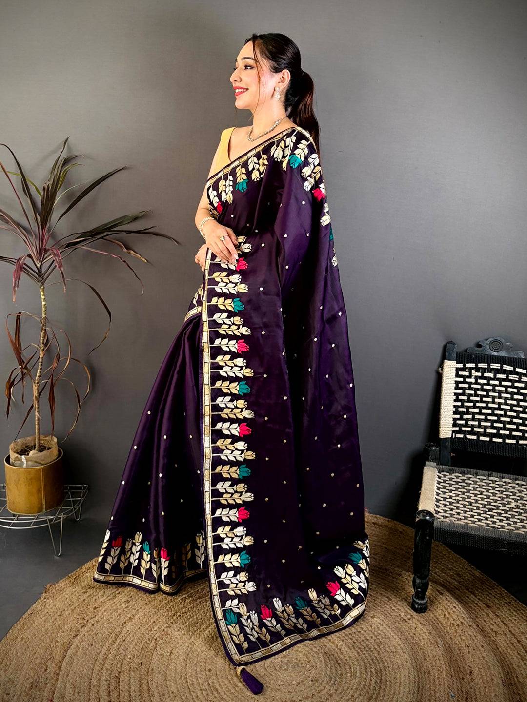 Purple Soft Satin Minakari Aari Work Saree