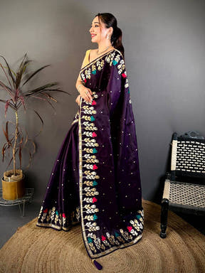 Purple Soft Satin Minakari Aari Work Saree