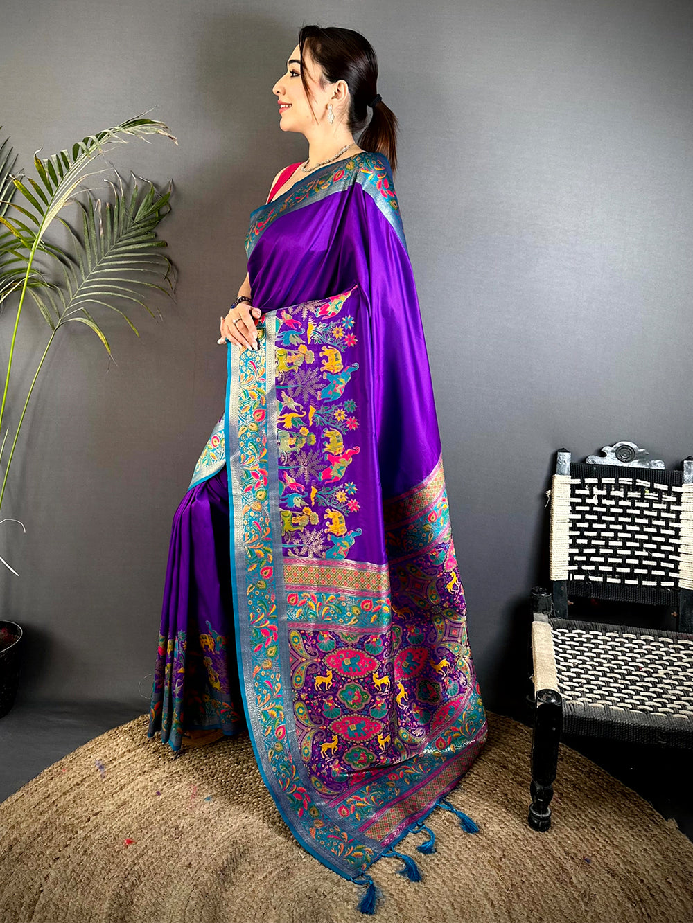 Purple Soft Semi Silk Minakari Weave Saree