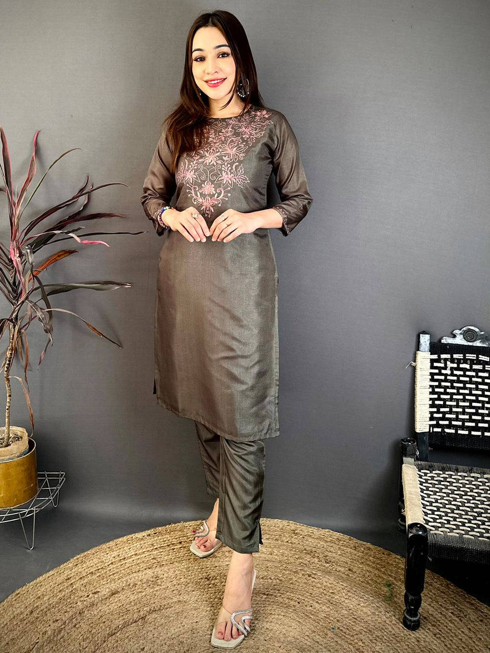 Dark Olive Ari Work Cotton Zari Kurti