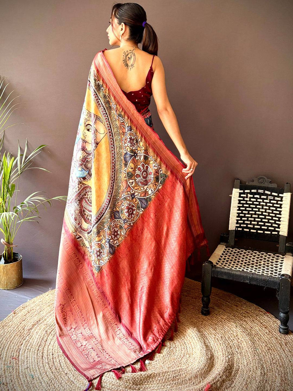 Back view of Buff Beige Silk Saree with detailed Pattu Zari Border