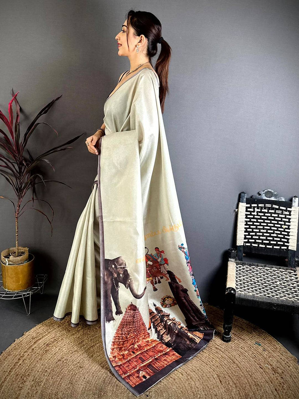 Radiant Tamil Cultural Icons Digital Print saree