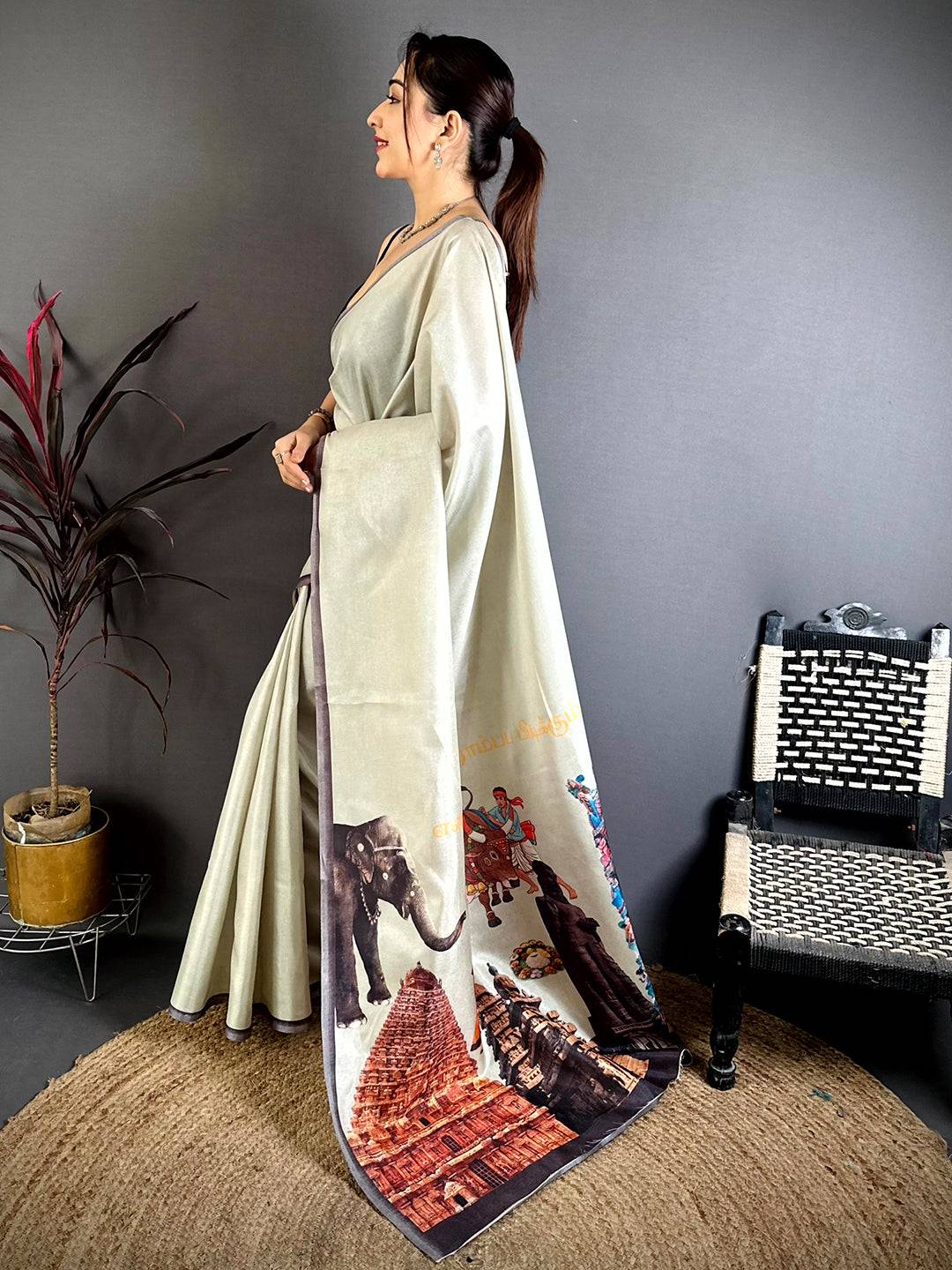 Radiant Tamil Cultural Icons Digital Print saree