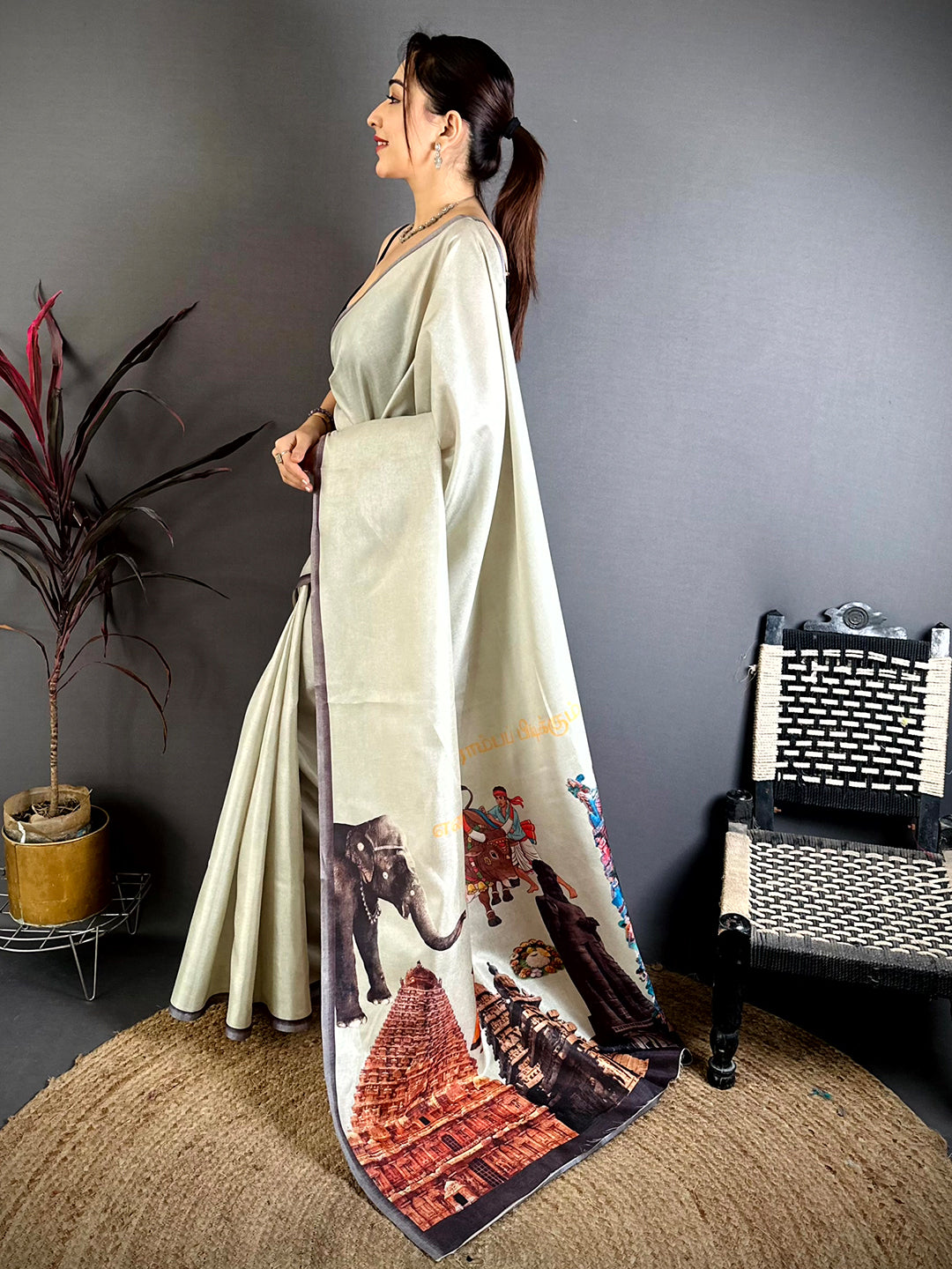 Radiant Tamil Cultural Icons Digital Print saree