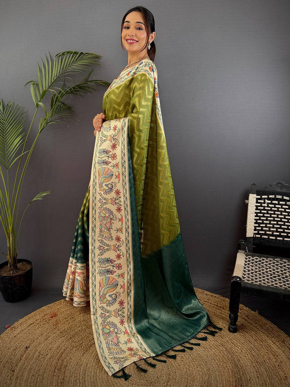 Olive Madhubani Print Soft Silk Saree