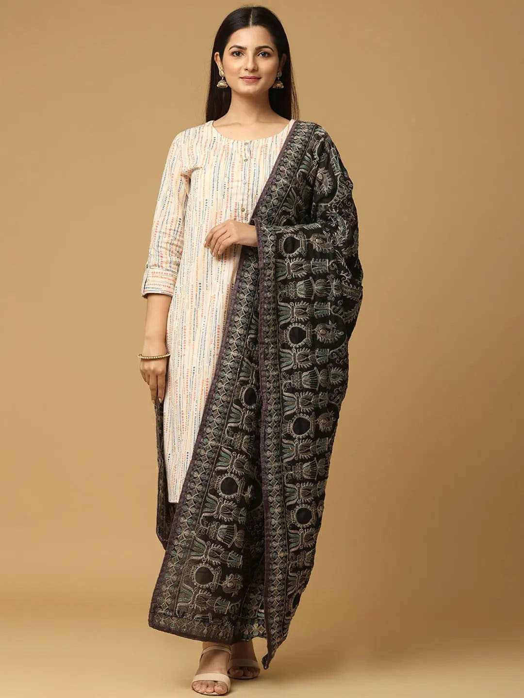 Front view of embroidered black chiffon dupatta