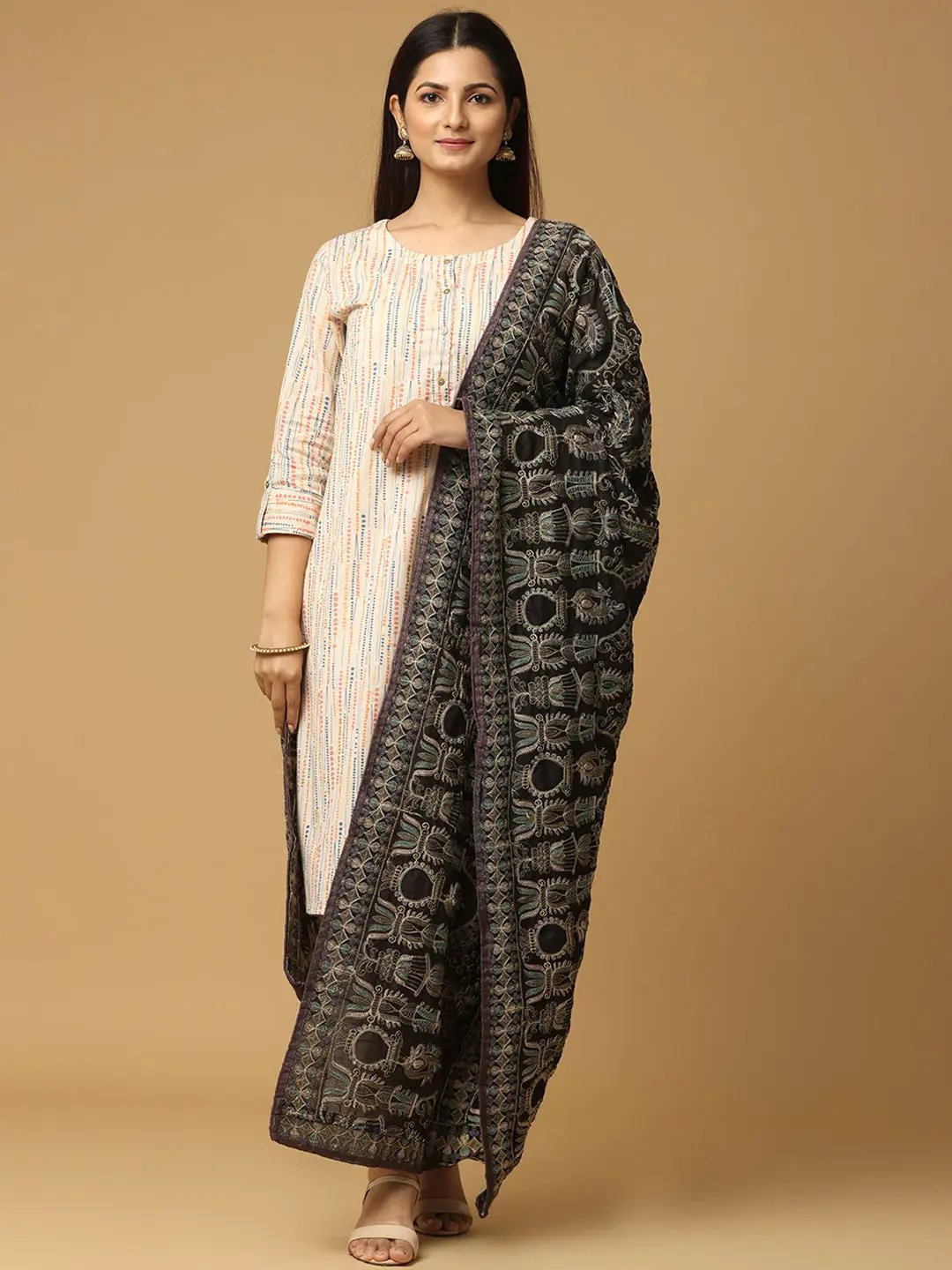 Front view of embroidered black chiffon dupatta