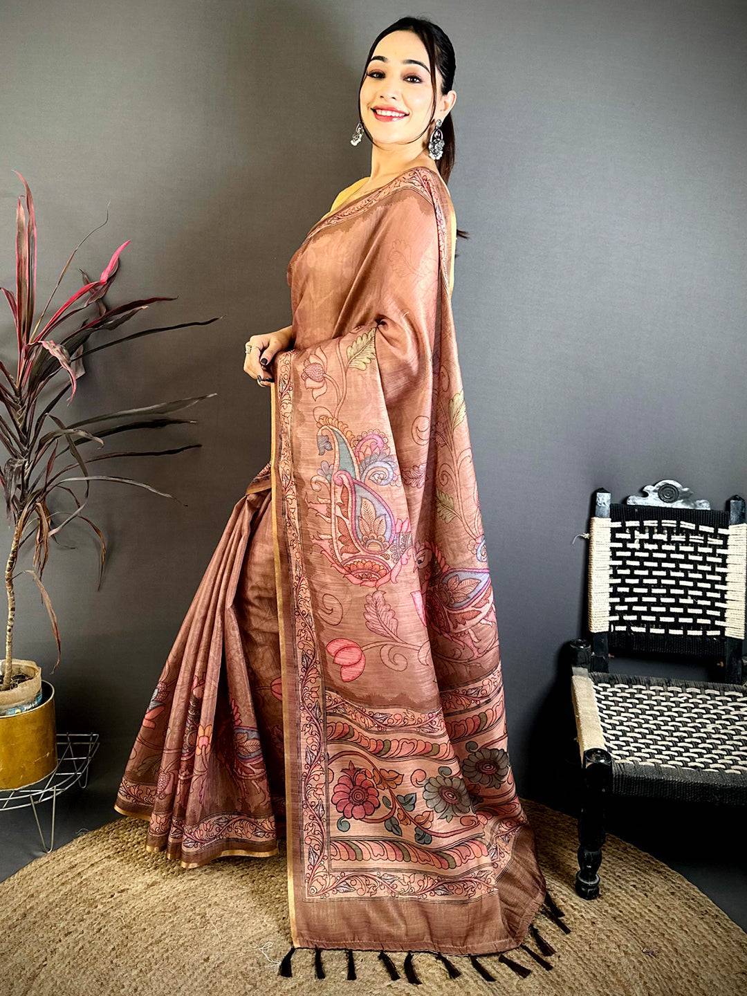 Brown Vintage Pen Kalamkari Chanderi Saree