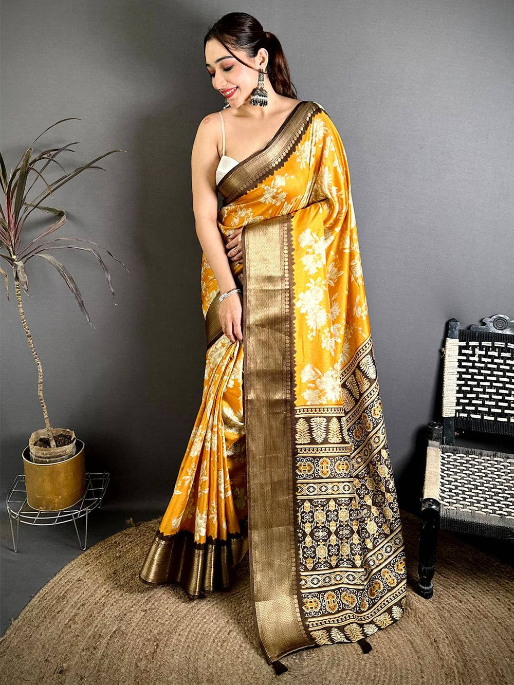 Mustard Dola Big Floral Zari Kanchi Saree