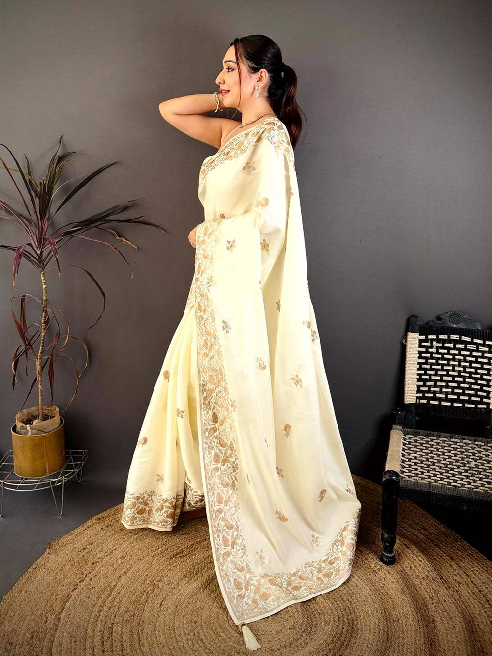 White Aari Bird Work Soft Satin Saree
