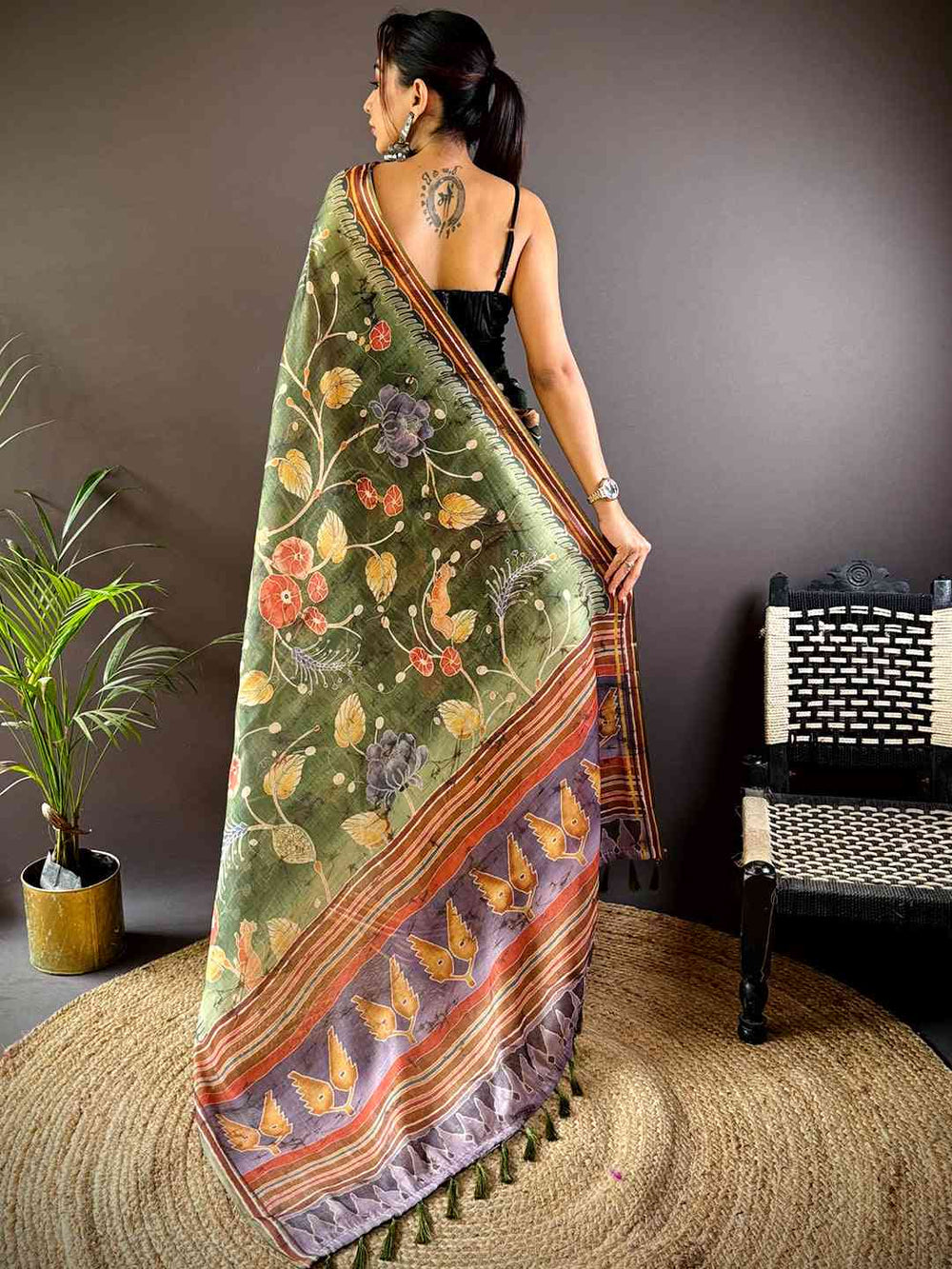 Dark Green Tissue Chanderi Kalamkari Saree