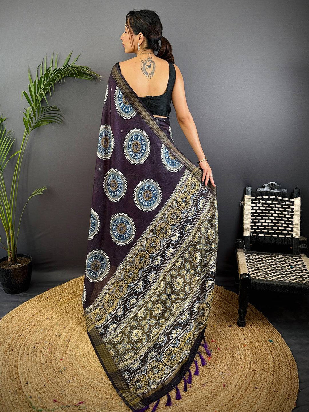 Dark Purple Linen Ajarak Print Saree
