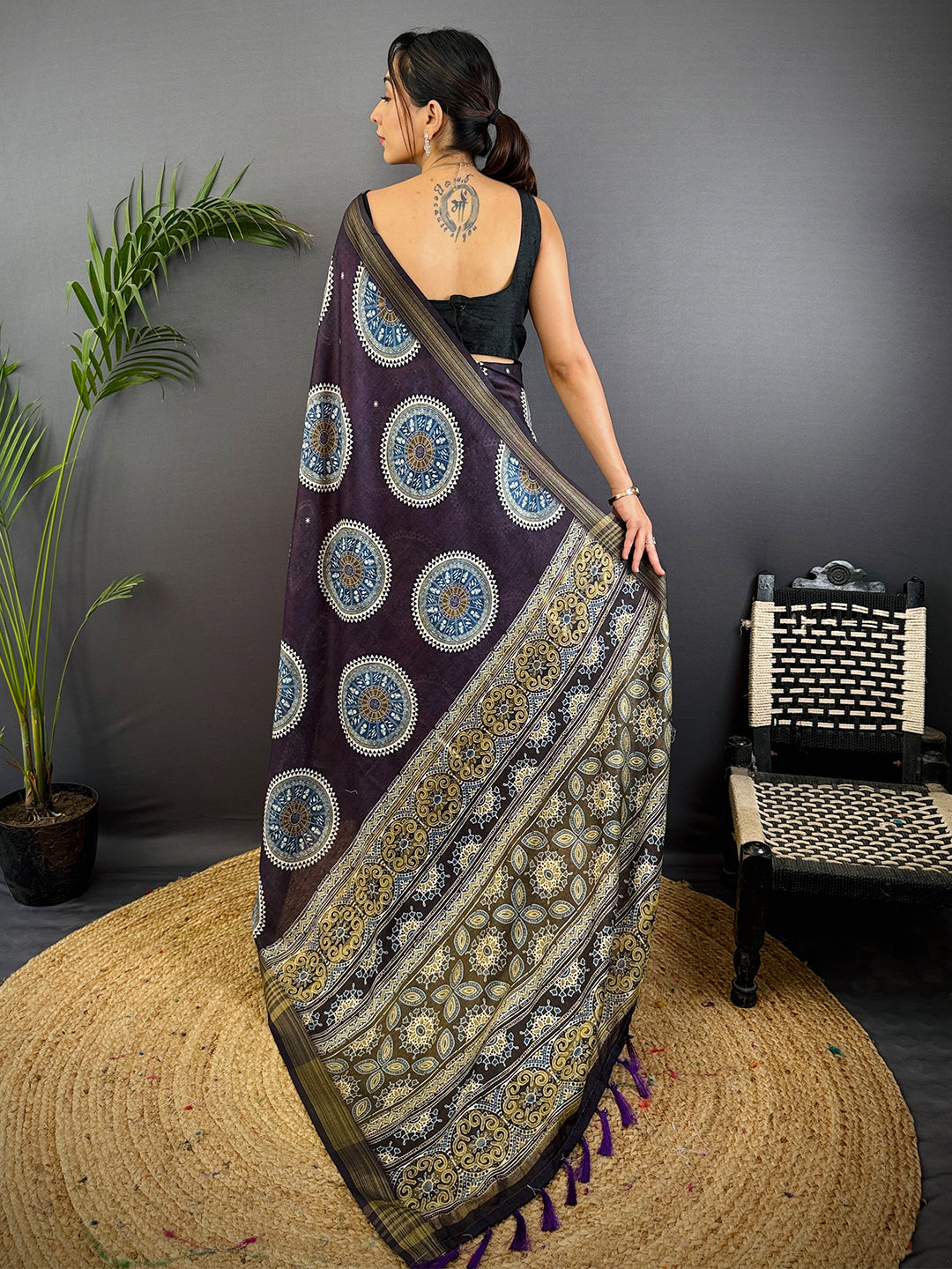 Dark Purple Linen Ajarak Print Saree