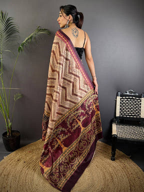 Beige Soft Dola Silk Printed Saree