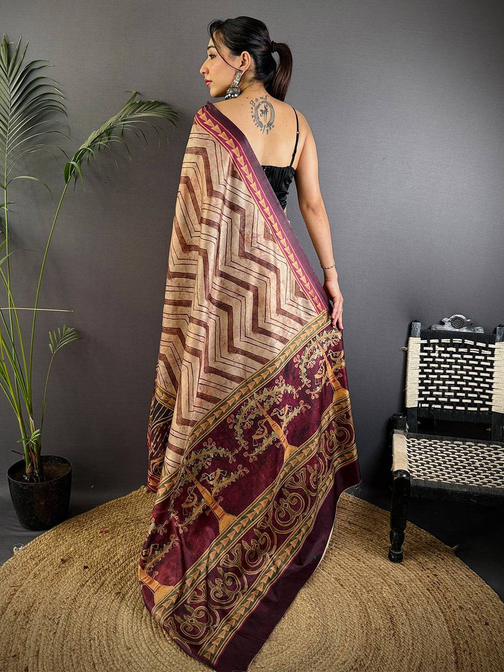 Beige Soft Dola Silk Printed Saree