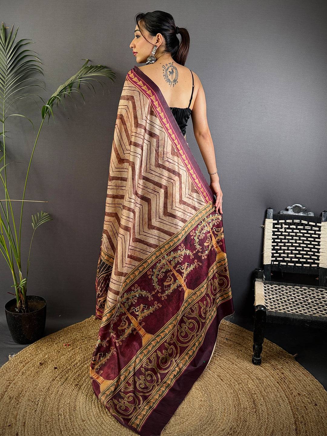 Beige Soft Dola Silk Printed Saree