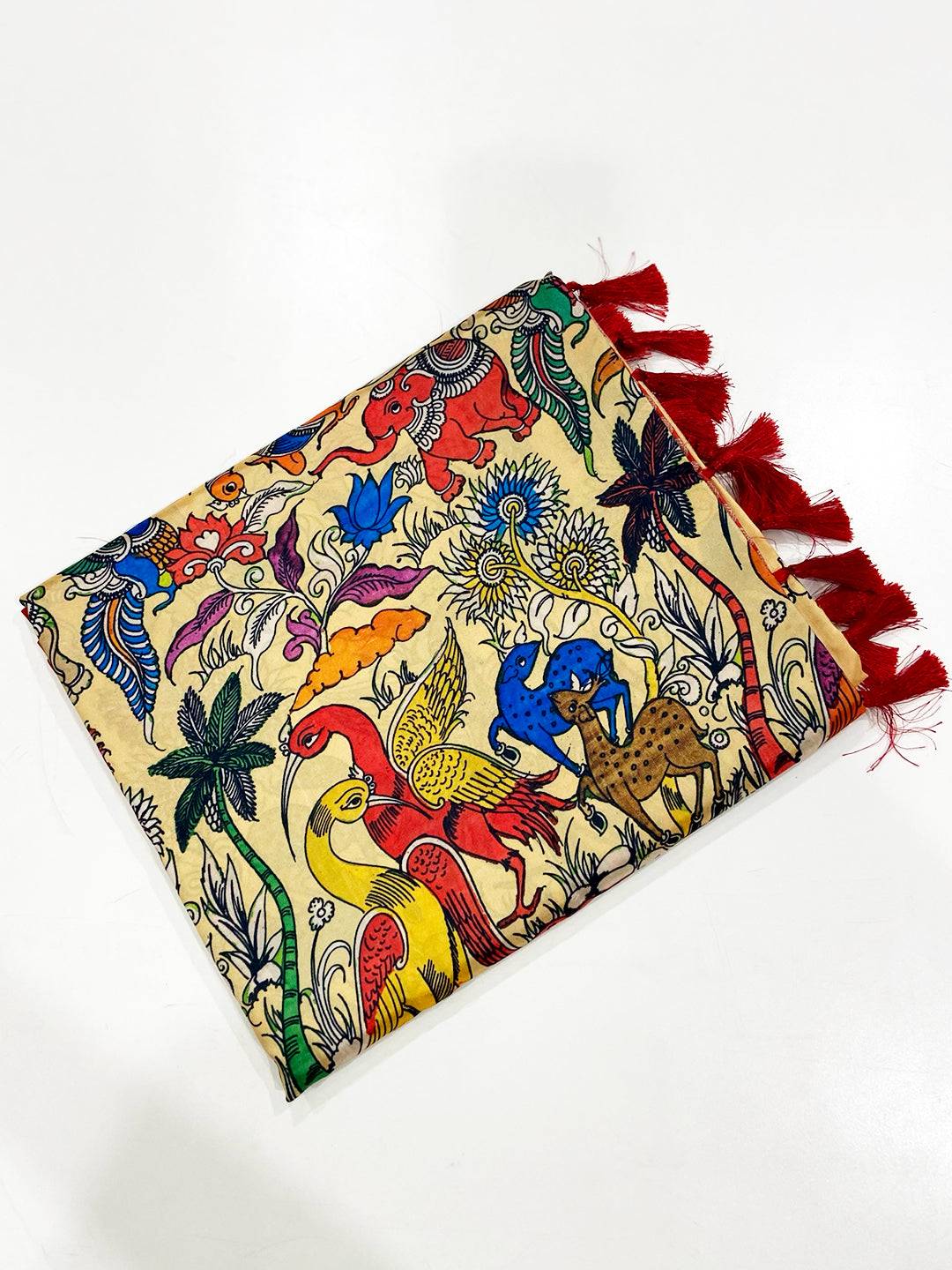 Beige Kalamkari Banarasi Silk Saree
