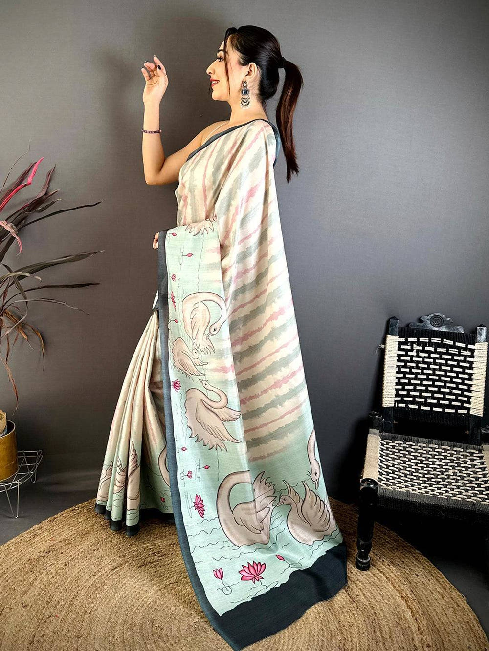 Opulent Soft Tussar Swan Print Saree