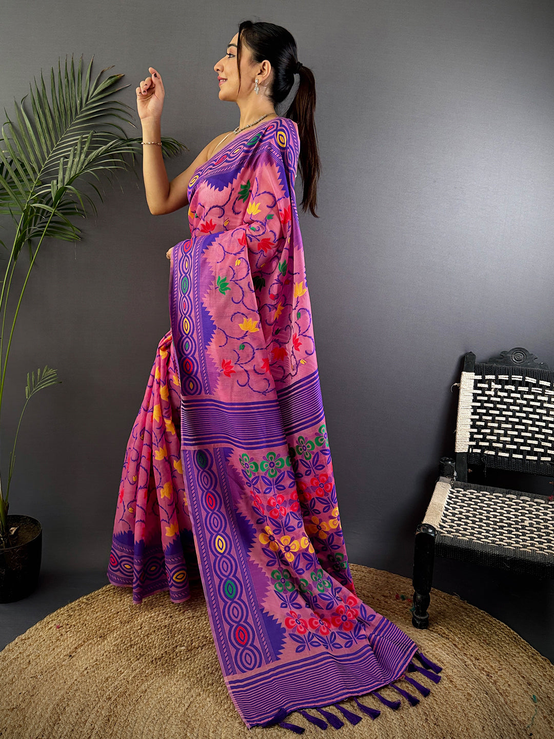 Fuchsia Pink Dhakai Jamdani Cotton Silk Saree