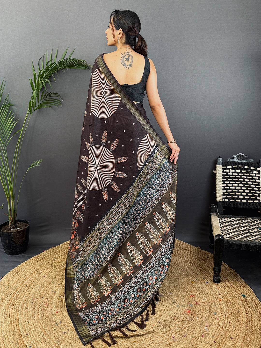 Deep Brown Linen Ajarak Print Saree