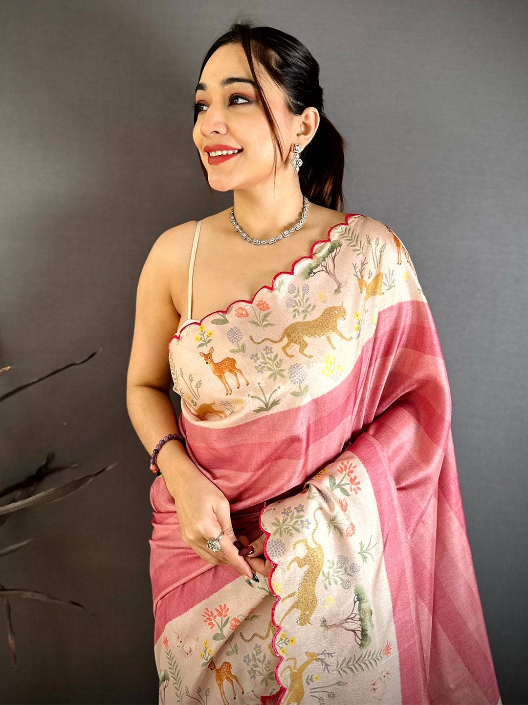 Classic Pink Tussar Thread Cut Work Saree