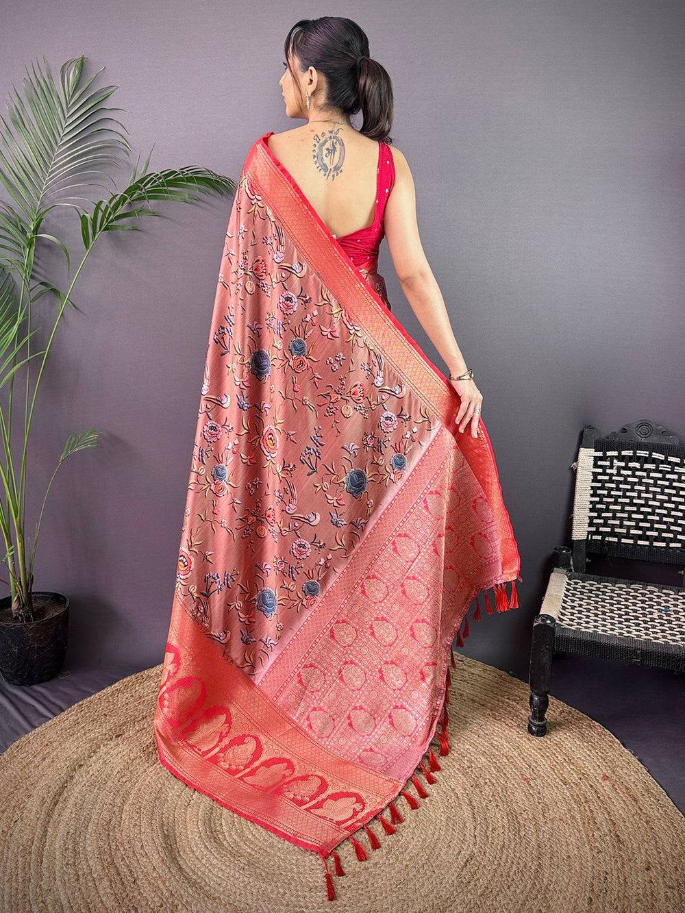 Ethereal Soft Cherry Satin Kalamkari Print Saree