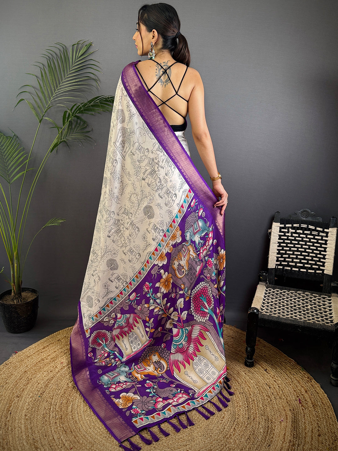 Purple Dola Silk Pen Kalamkari Print Saree