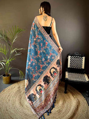Deep Blue Tissue Chanderi Kalamkari Handprint Saree