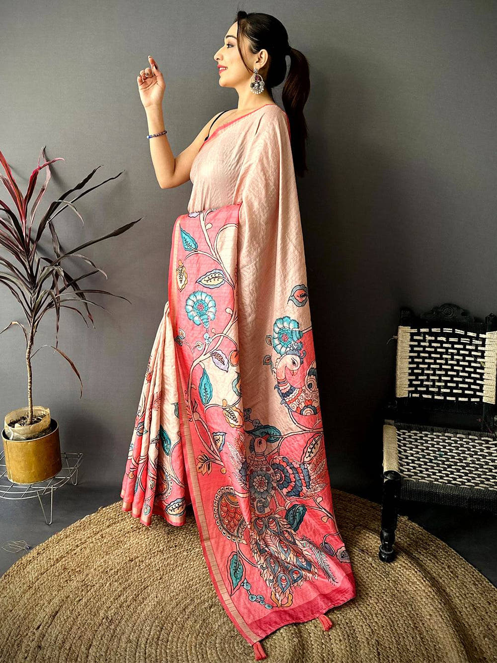Majestic Tussar Ghicha Kalamkari Saree