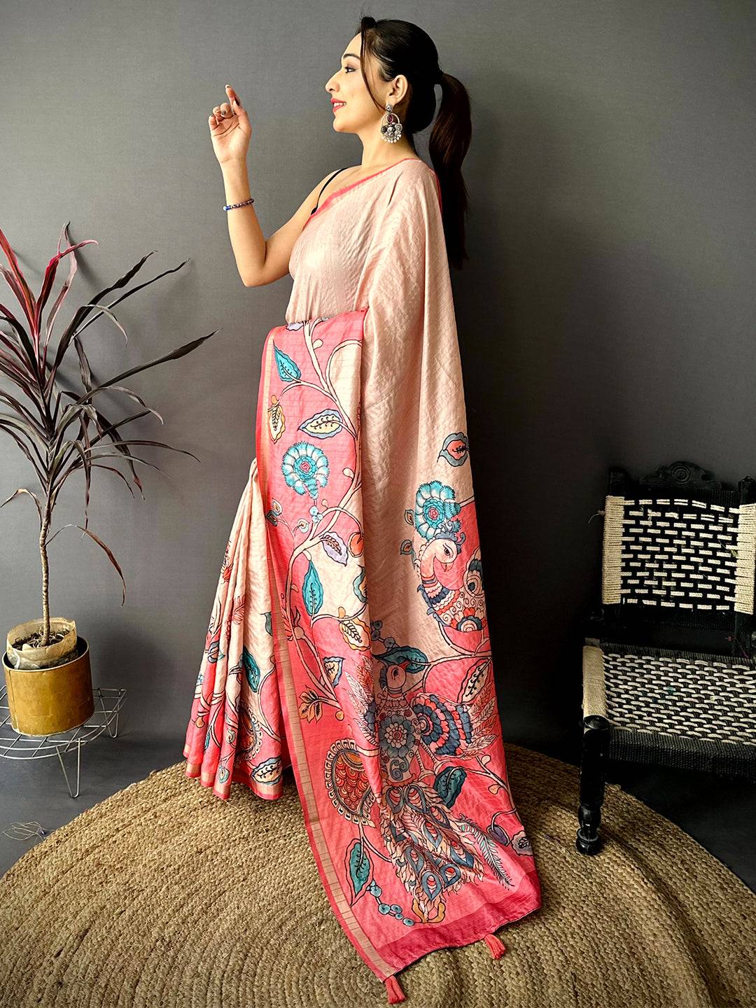Majestic Tussar Ghicha Kalamkari Saree