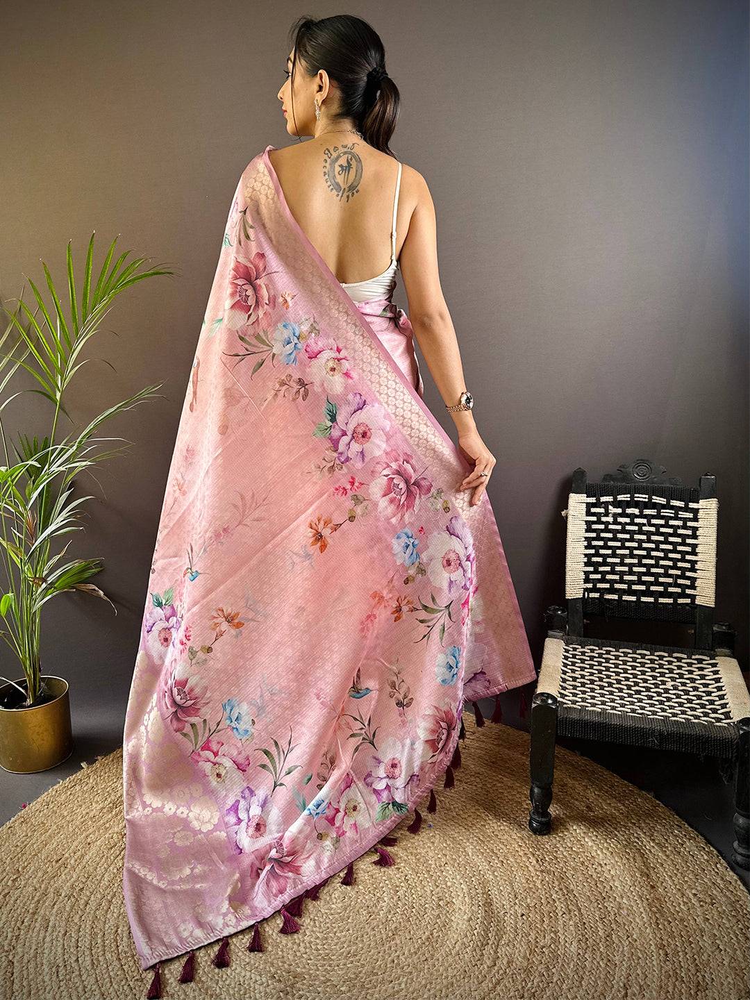Rose Pink Kota Doriya Zari Floral Kanchi Border Saree