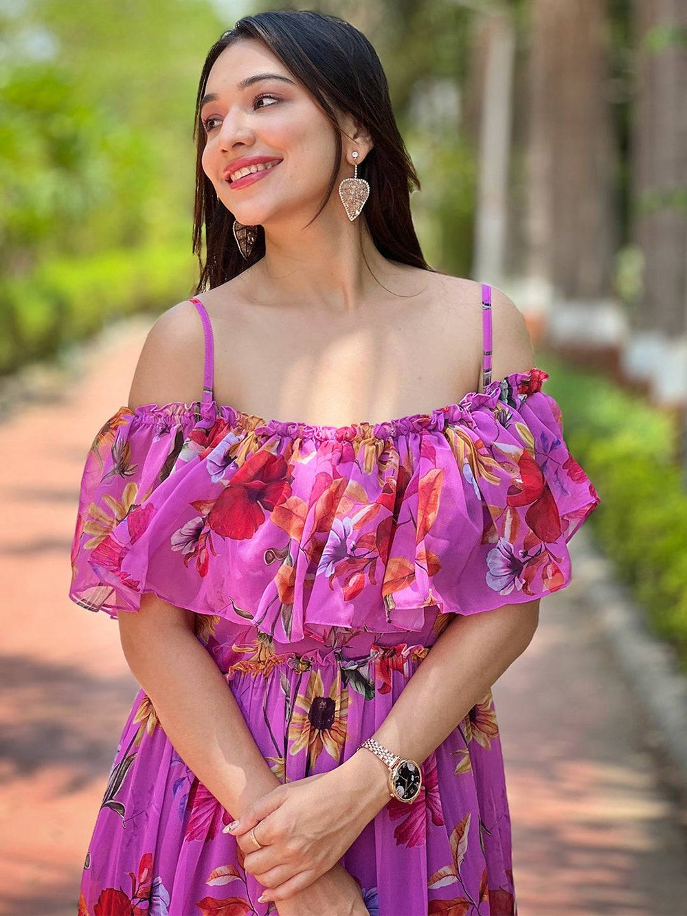 Smiling woman in Orchid Bloom Off-shoulder Dress