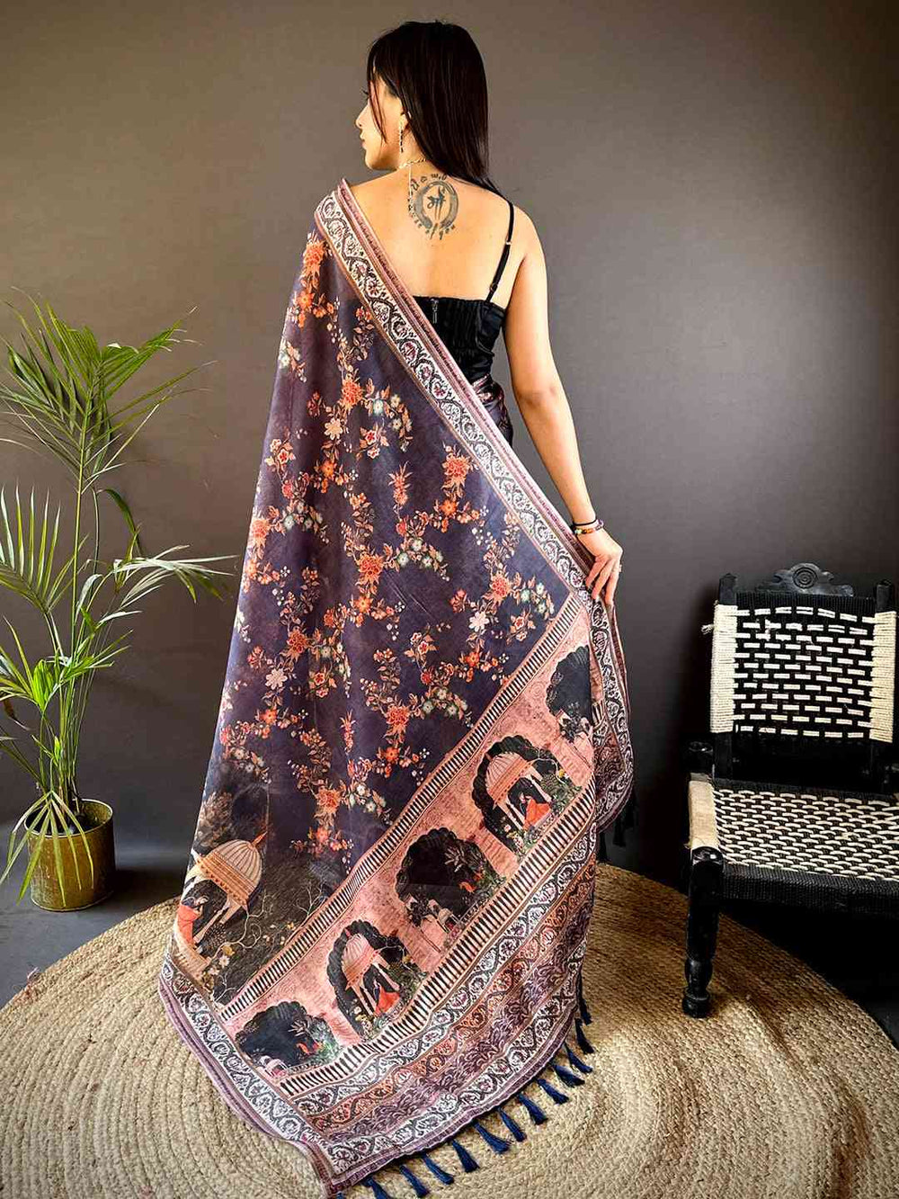 Navy Blue Tissue Chanderi Kalamkari Handprint Saree