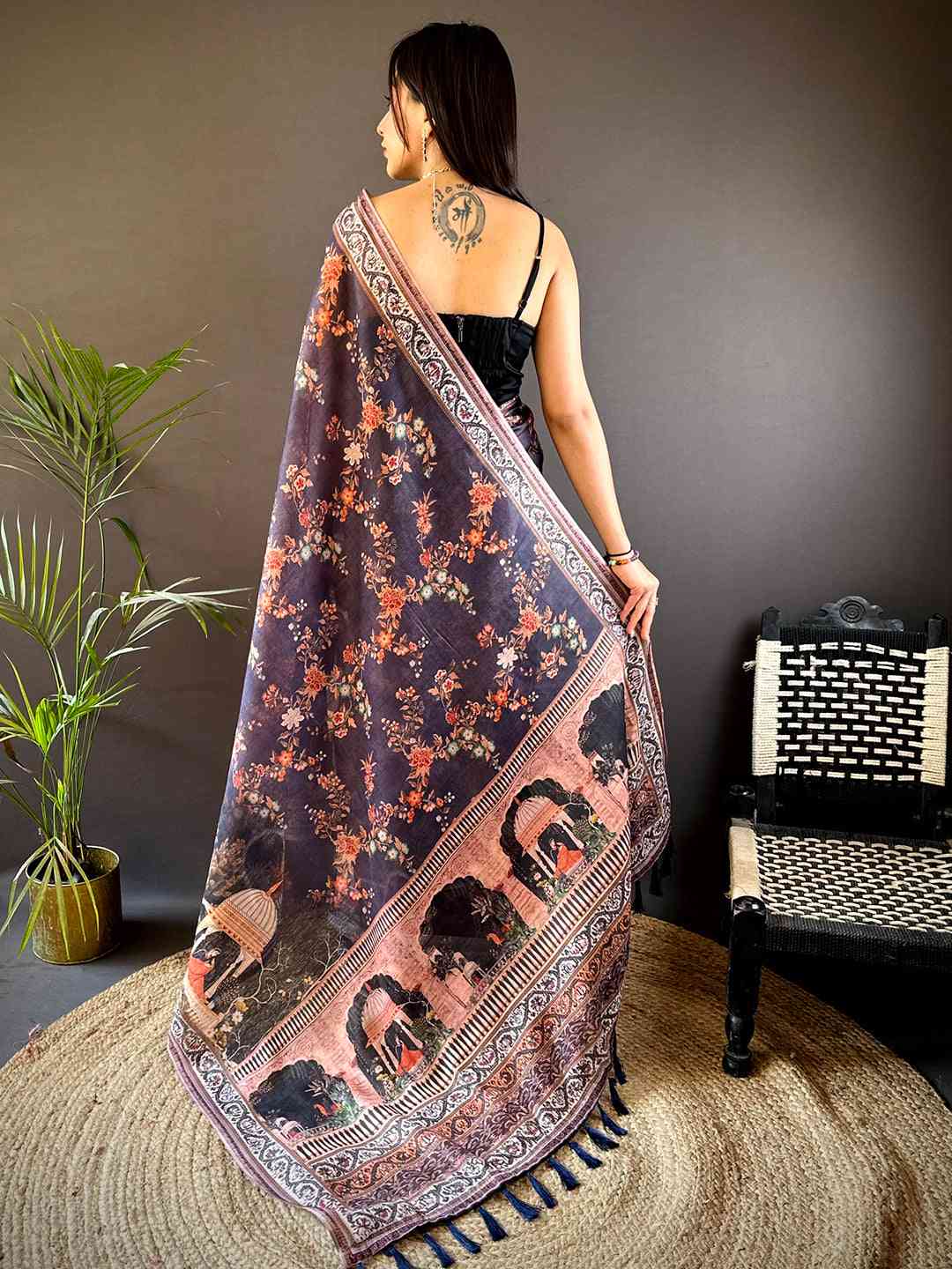 Navy Blue Tissue Chanderi Kalamkari Handprint Saree