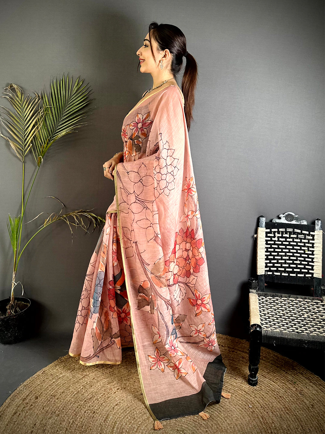 Classic Pink Floral Linen Saree


