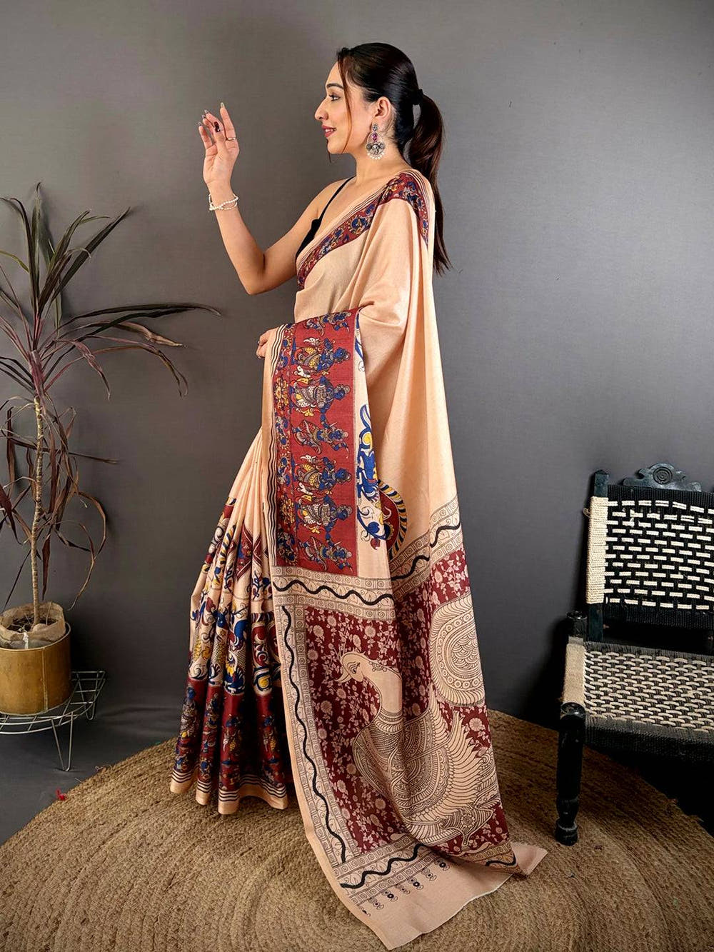 Radiant Kalamkari Border Soft Tussar Saree