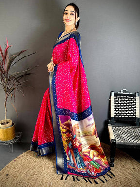 Rani Pink Bandhej Fusion Dola Print Saree