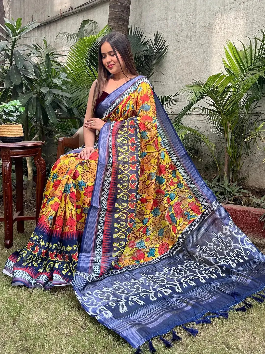 Elegant Kalamkari Saree with floral Ikkat print