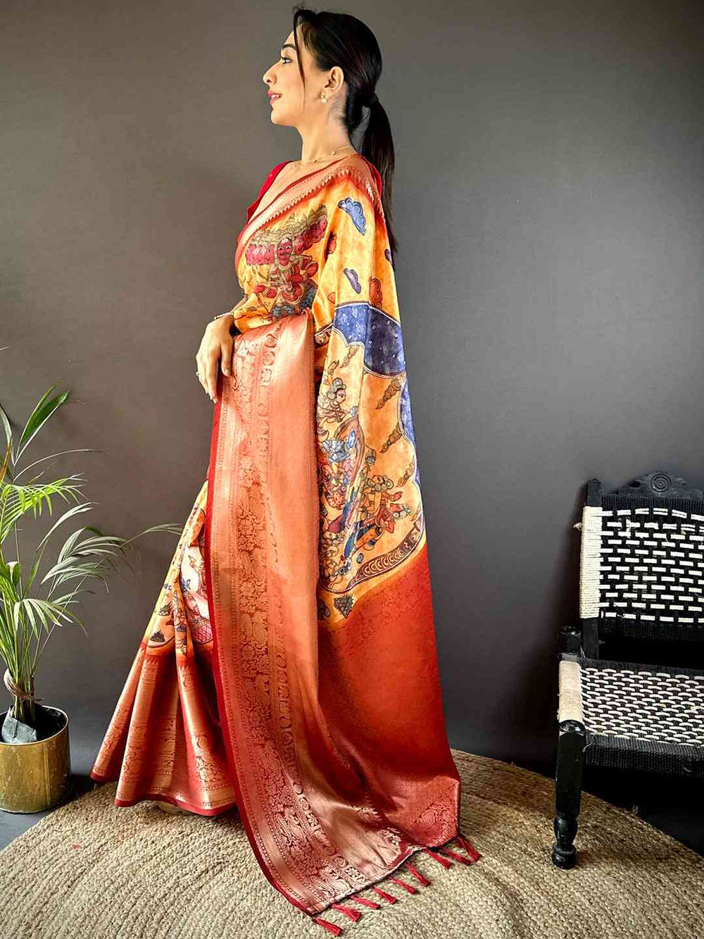 Mustard Ramayana Pen Kalamkari Printed Saree