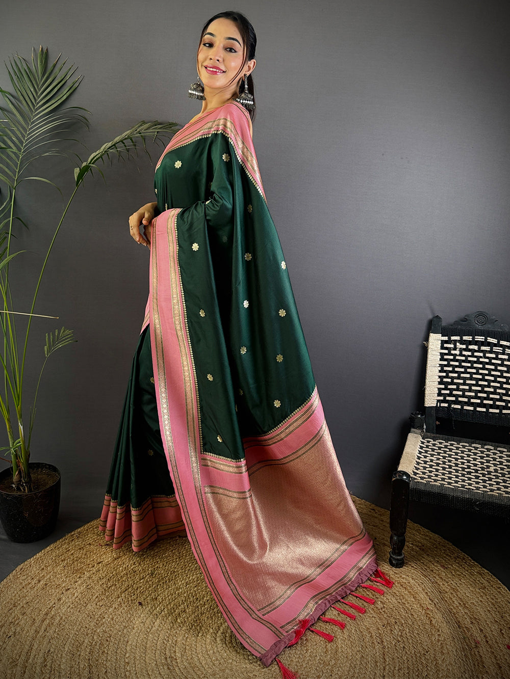 Bottle Green Soft Silk Floral Butta Saree