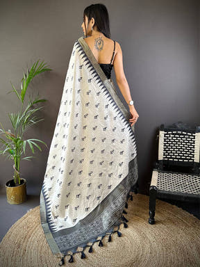 White Ikkat Zigzag Saree