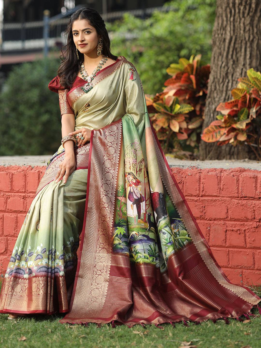 Viscose Dola Silk Pista Saree with Floral and Mughal Print