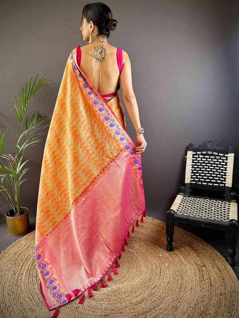 Kora Silk Banarasi Digital Print Saree In Orange Colour