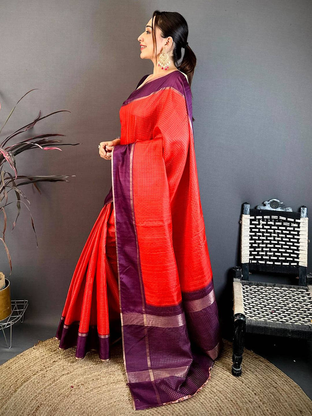 Deep Red Tussar Gold Zari 1000 Butti Saree