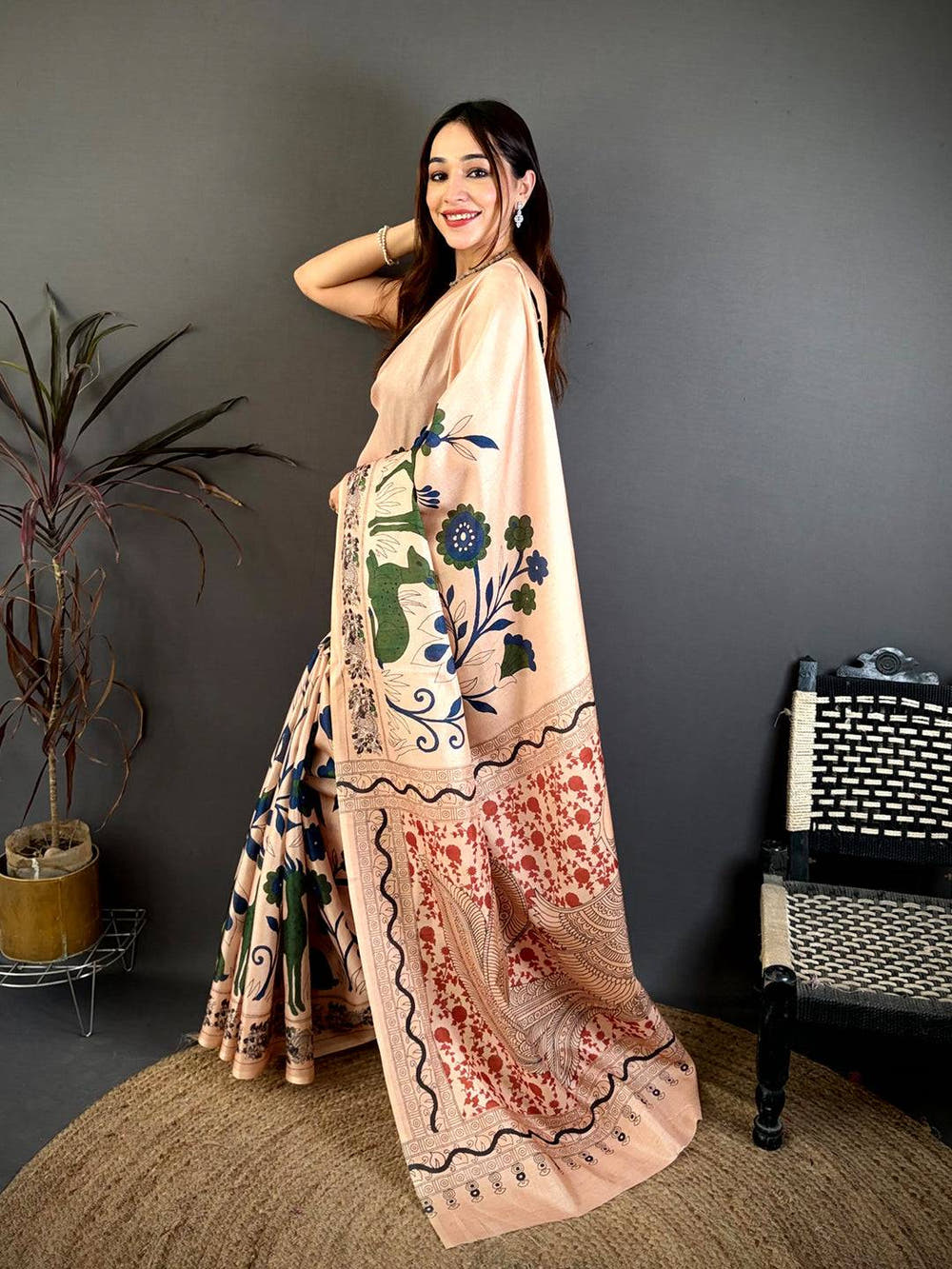 Radiant Peach Printed Soft Tussar Saree