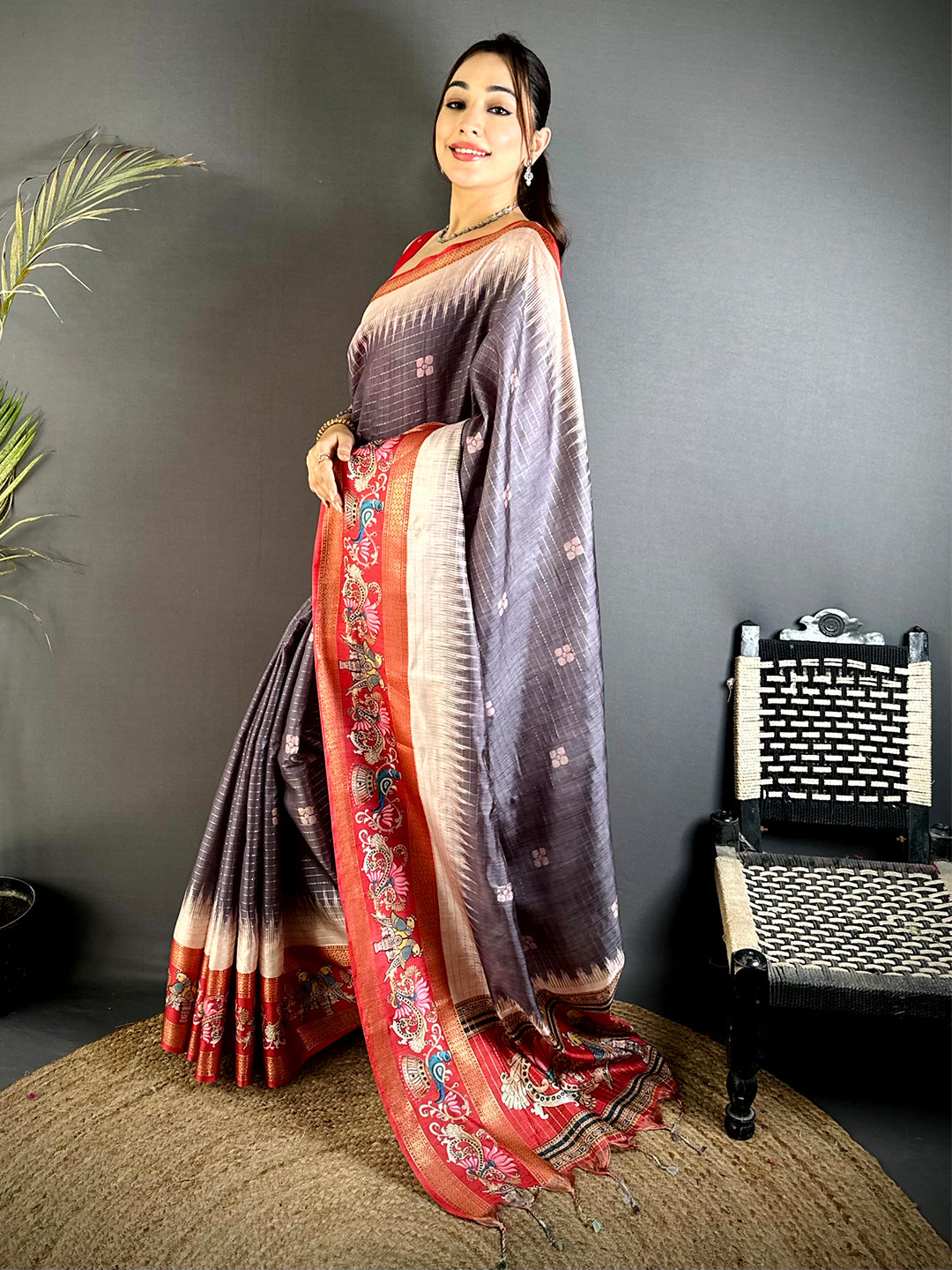 Grey Tanjore Art Semi Silk Saree
